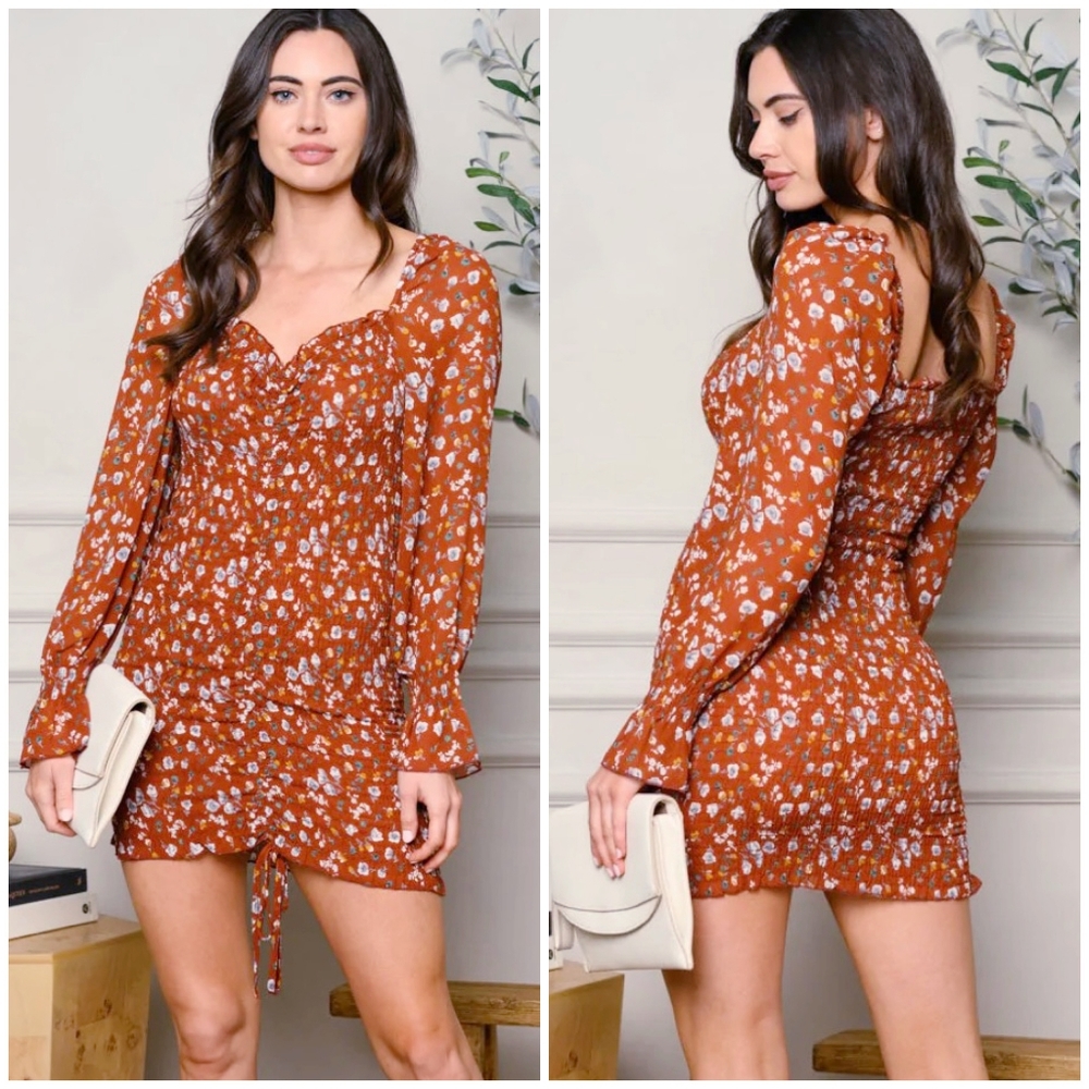 PAPERMOON Stitch Fix Dark Rust Floral Ruched Long Sleeves Dress - Picture 8 of 9